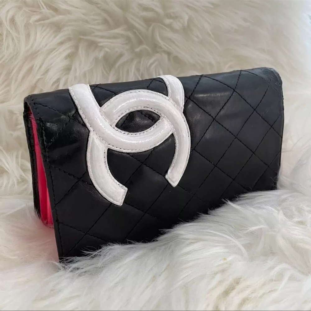 CHANEL Cambon Line Coco Mark Matelasse Lambskin Black Pink Wallet